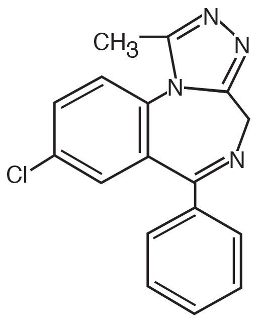 Chemical structure of Alprazolam (C17H13ClN4)